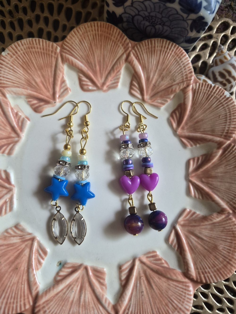 Handmade Blue Star & Purple Heart Beaded Drop Earrings